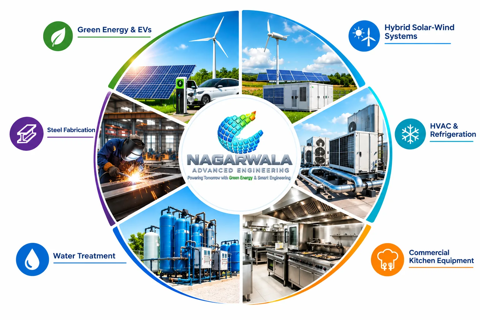 Our services: Green Energy & EVs, Hybrid Solar-Wind, HVAC & Refrigeration, Commercial Kitchen Equipment, Water Treatment, Steel Fabrication