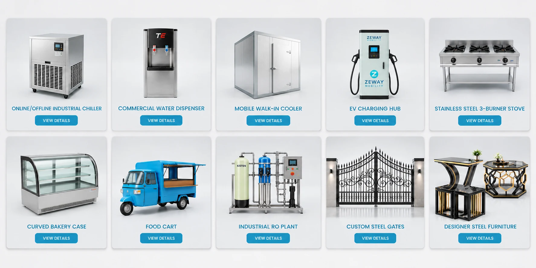Nagarwala products: industrial chiller, water dispenser, walk-in cooler, EV charging hub, steel stove, bakery case, food cart, RO plant, steel gates and furniture